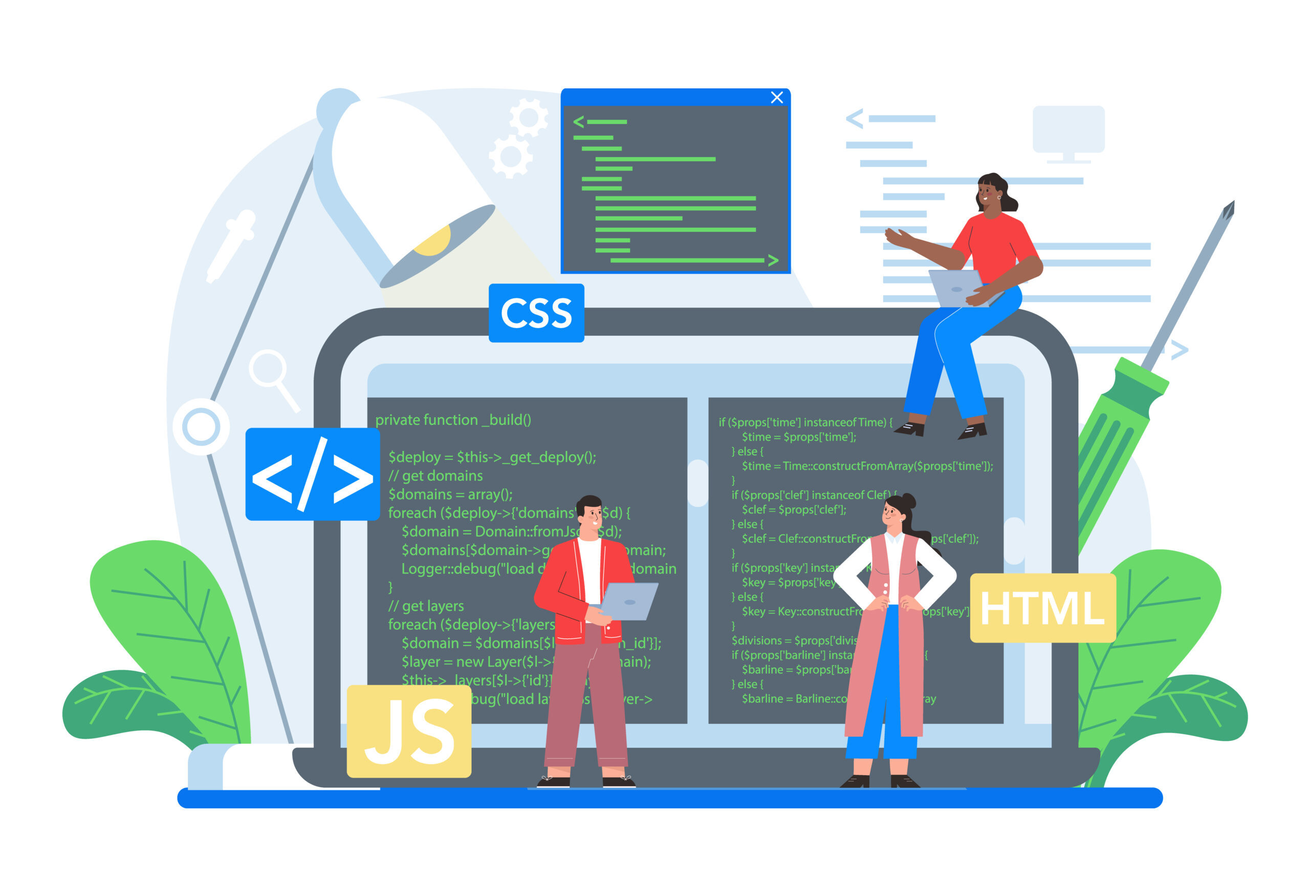 Frontend development online service or platform. Website interface design improvement. Web page programming, coding and testing. Online text editor. Isolated flat vector illustration