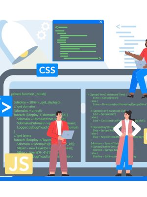 Frontend development online service or platform. Website interface design improvement. Web page programming, coding and testing. Online text editor. Isolated flat vector illustration